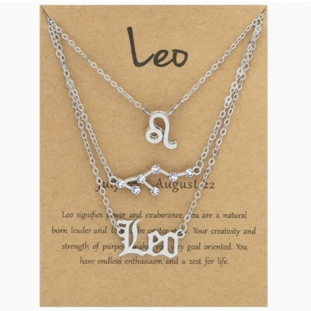 🍏50% OFF/3+...♌ 3-piece zodiac Leo link chain necklace set (Silver tone)